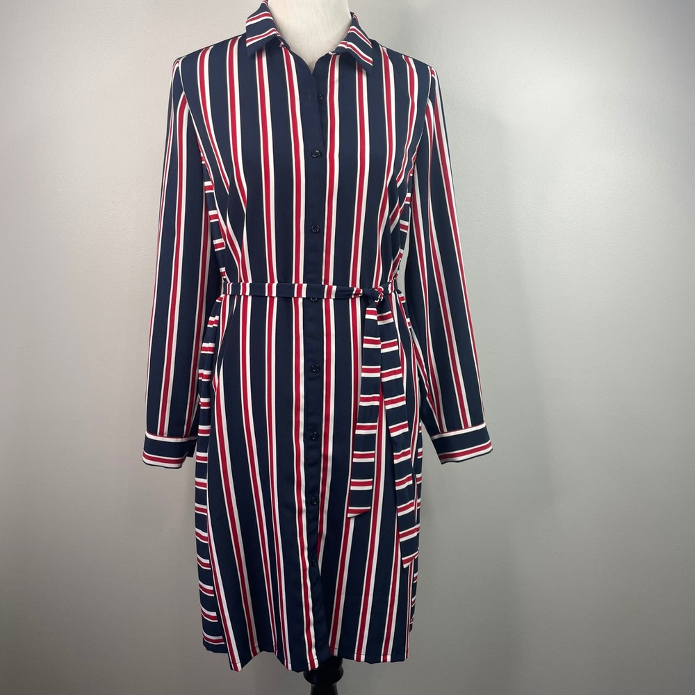 Tommy Hilfiger Womens Red White Blue Striped Button Front Shirt Dress Medium